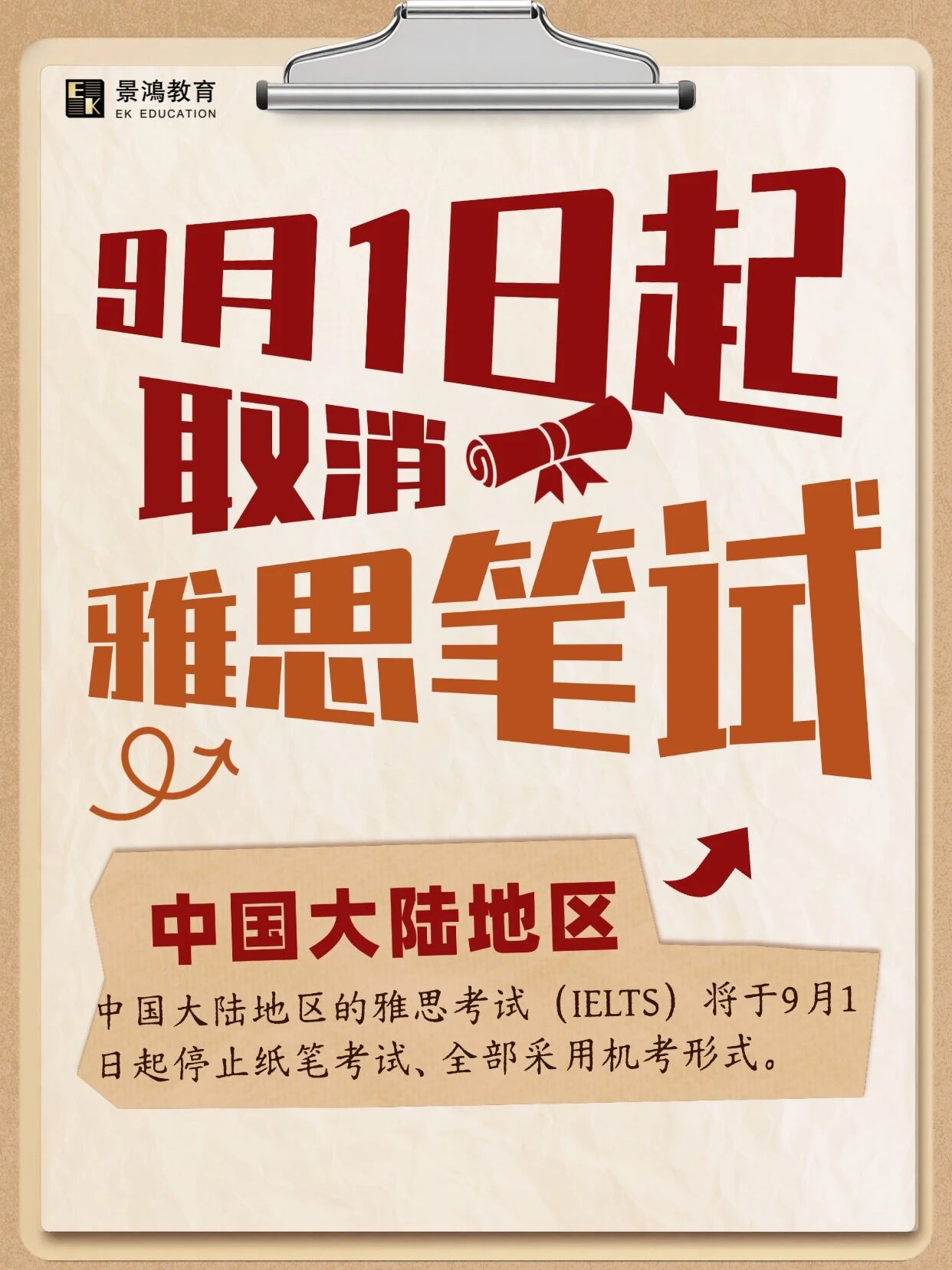 9月1日起，中国大陆地区取消雅思纸笔考试！